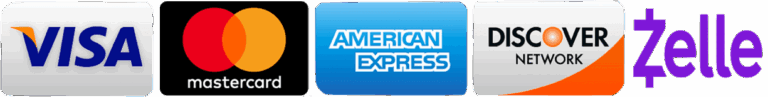 We accept Visa, Mastercard, AmEx, Discover, Zelle