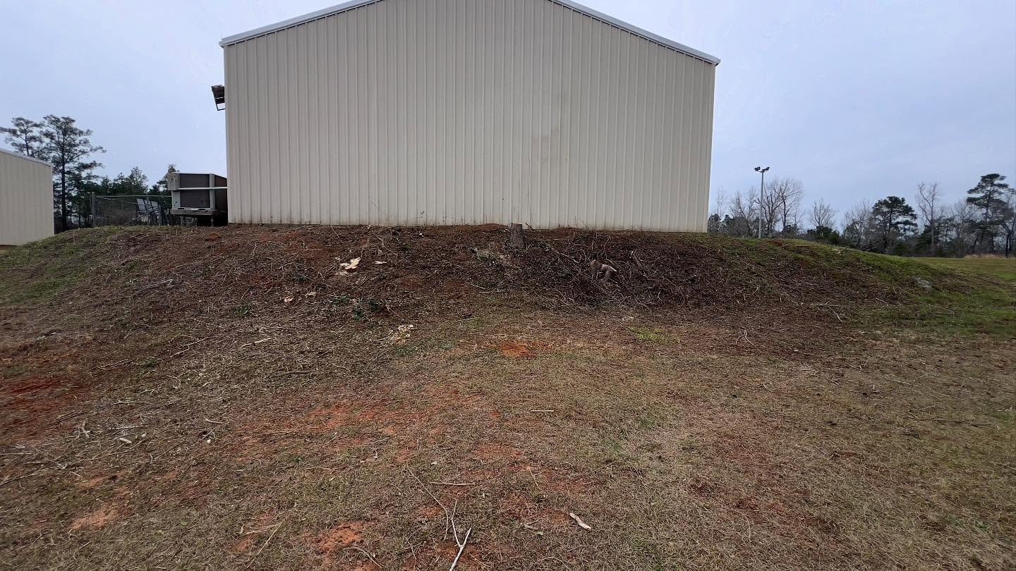 Back side of metal building after brush clearing